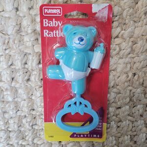 Vintage Playskool Regent Blue Teddy Bear Holding Bottle Baby Rattle  1988 1993